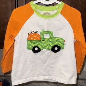 Kids' Orange and White Long Sleeve Shirt with Green Truck Design